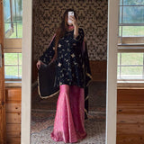 Designer Heavy Crush Silk Party Set with Full-Sleeved Top, Garara Palazzo, and Matching Dupatta
