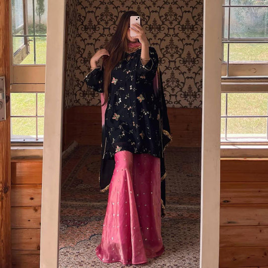 Designer Heavy Crush Silk Party Set with Full-Sleeved Top, Garara Palazzo, and Matching Dupatta