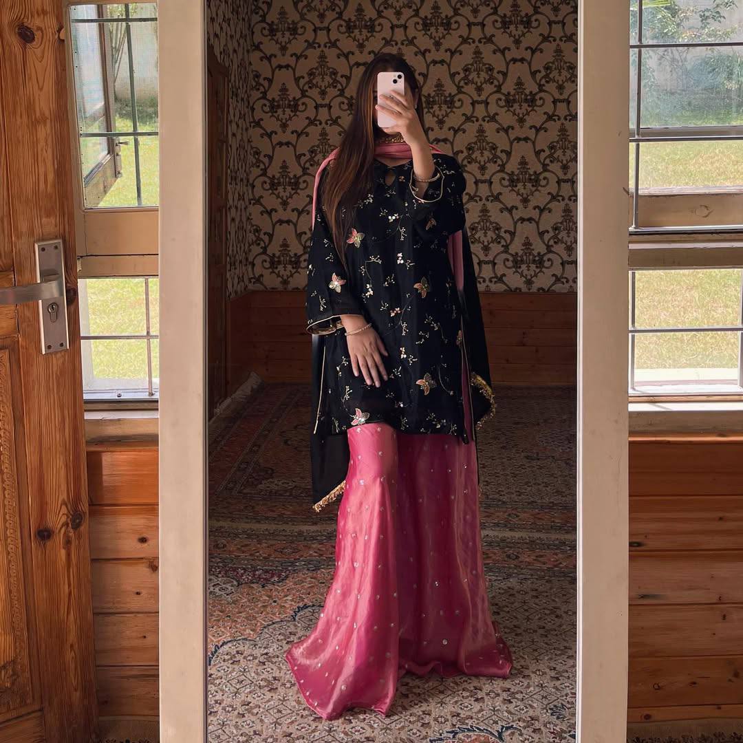 Designer Heavy Crush Silk Party Set with Full-Sleeved Top, Garara Palazzo, and Matching Dupatta