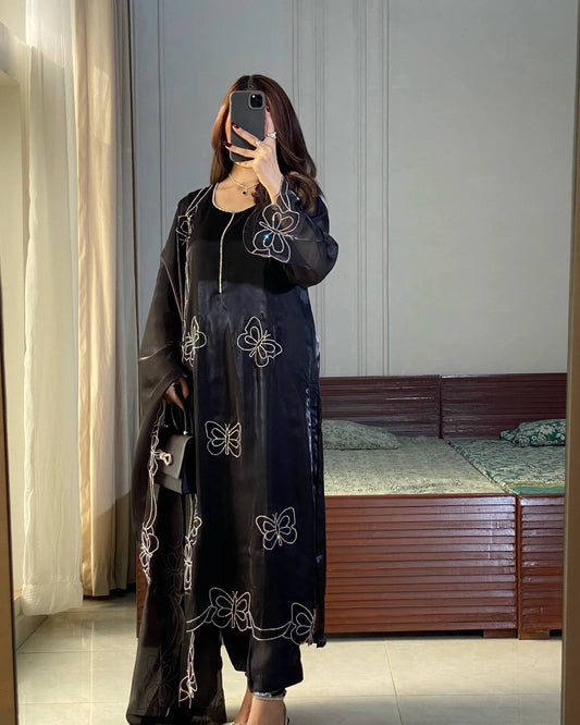New Designer Party Wear Set with Heavy Embroidered Top, Zimmy Choo Pant & Fancy Dupatta