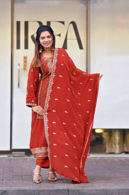New Designer Party Wear Set with Heavy Fox Georgette Embroidered Top, Pant & Fancy Dupatta