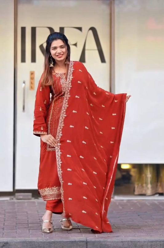 New Designer Party Wear Set with Heavy Fox Georgette Embroidered Top, Pant & Fancy Dupatta