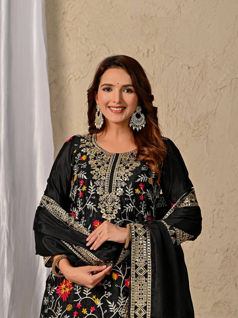 Premium Black Chinnon Silk Ensemble with Intricate 5mm Sequin Work and Elegant Dupatta