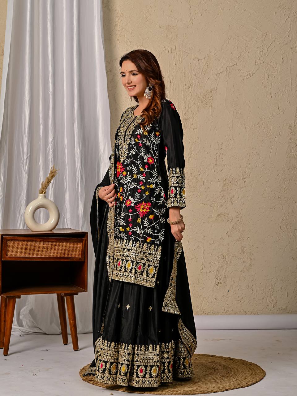 Premium Black Chinnon Silk Ensemble with Intricate 5mm Sequin Work and Elegant Dupatta