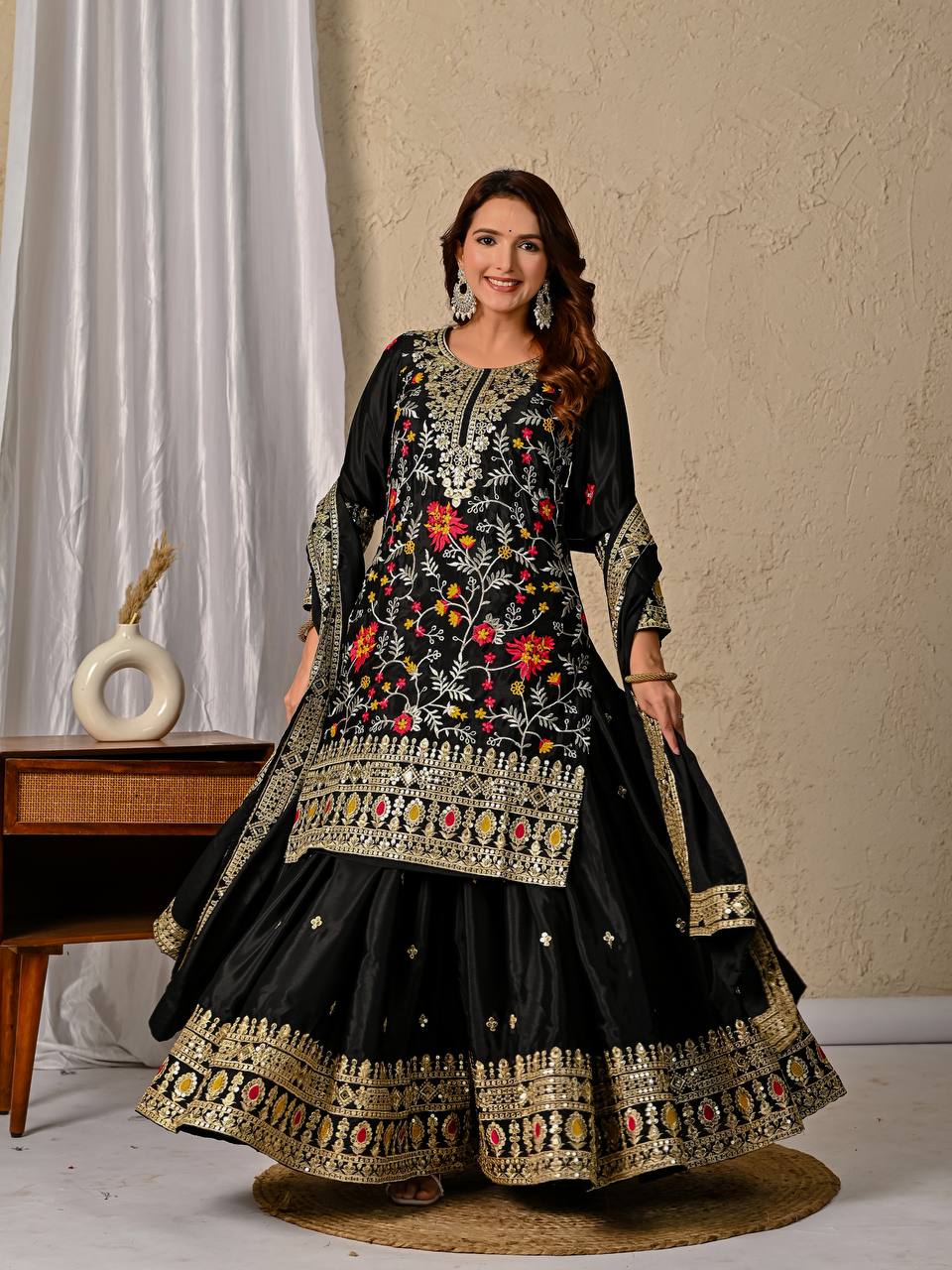 Premium Black Chinnon Silk Ensemble with Intricate 5mm Sequin Work and Elegant Dupatta