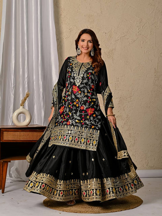 Premium Black Chinnon Silk Ensemble with Intricate 5mm Sequin Work and Elegant Dupatta