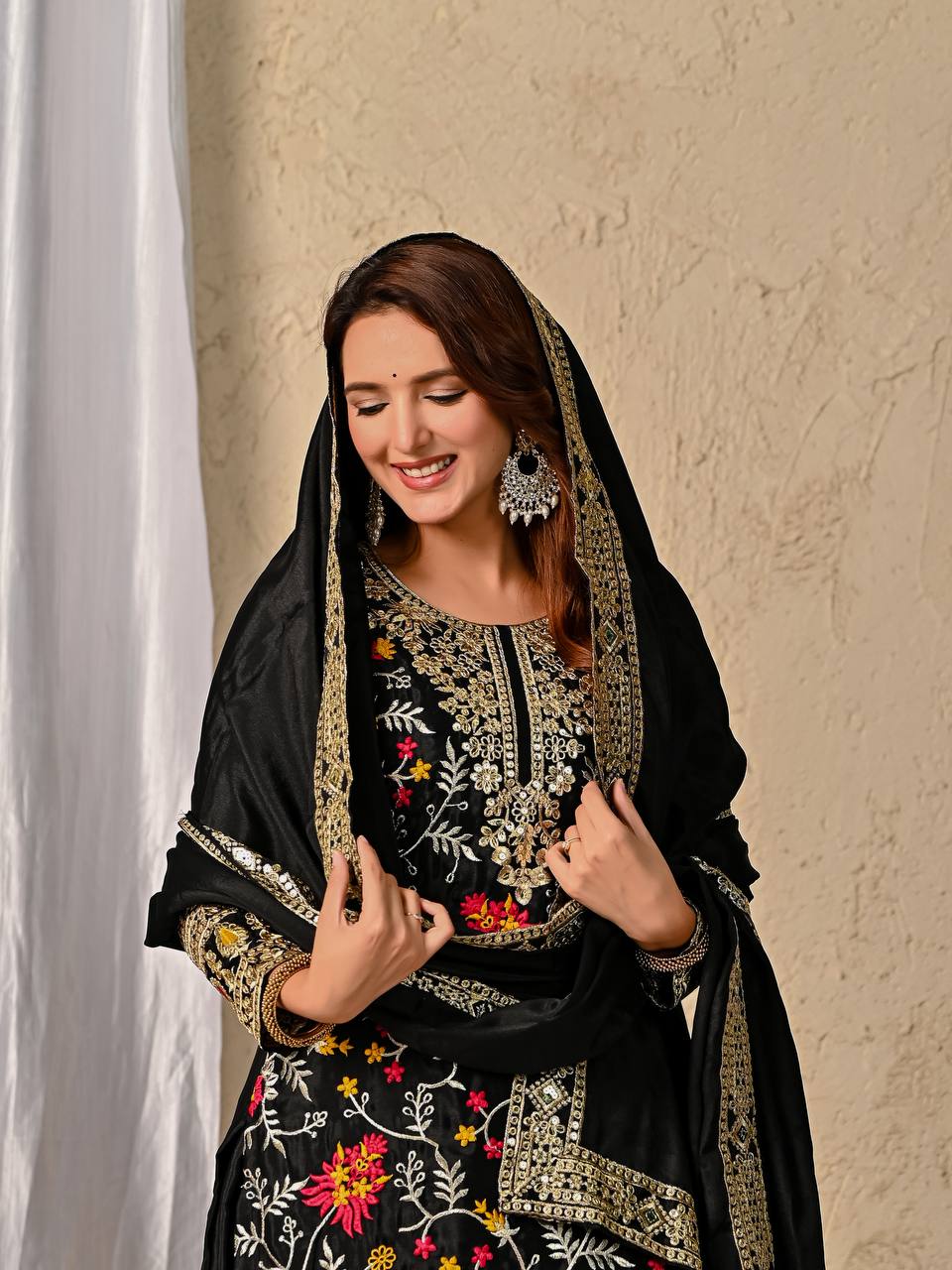 Premium Black Chinnon Silk Ensemble with Intricate 5mm Sequin Work and Elegant Dupatta
