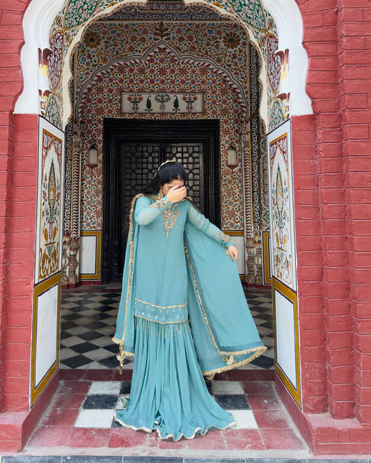 Premium Designer Blue Party Wear Set in Heavy Fox Georgette with Intricate Embroidery and Moti Work