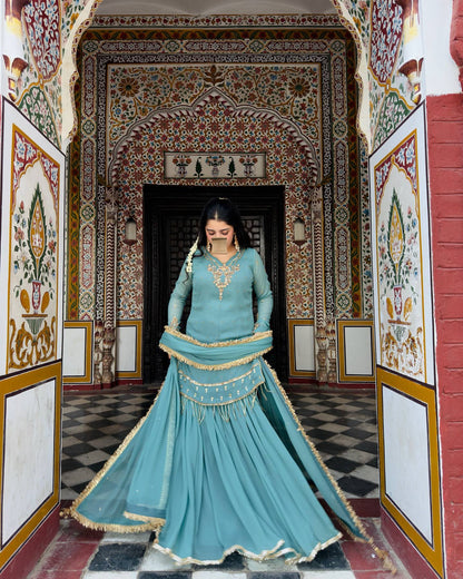 Premium Designer Blue Party Wear Set in Heavy Fox Georgette with Intricate Embroidery and Moti Work