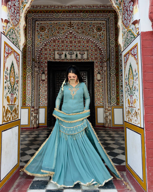 Premium Designer Blue Party Wear Set in Heavy Fox Georgette with Intricate Embroidery and Moti Work
