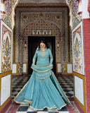 Premium Designer Blue Party Wear Set in Heavy Fox Georgette with Intricate Embroidery and Moti Work