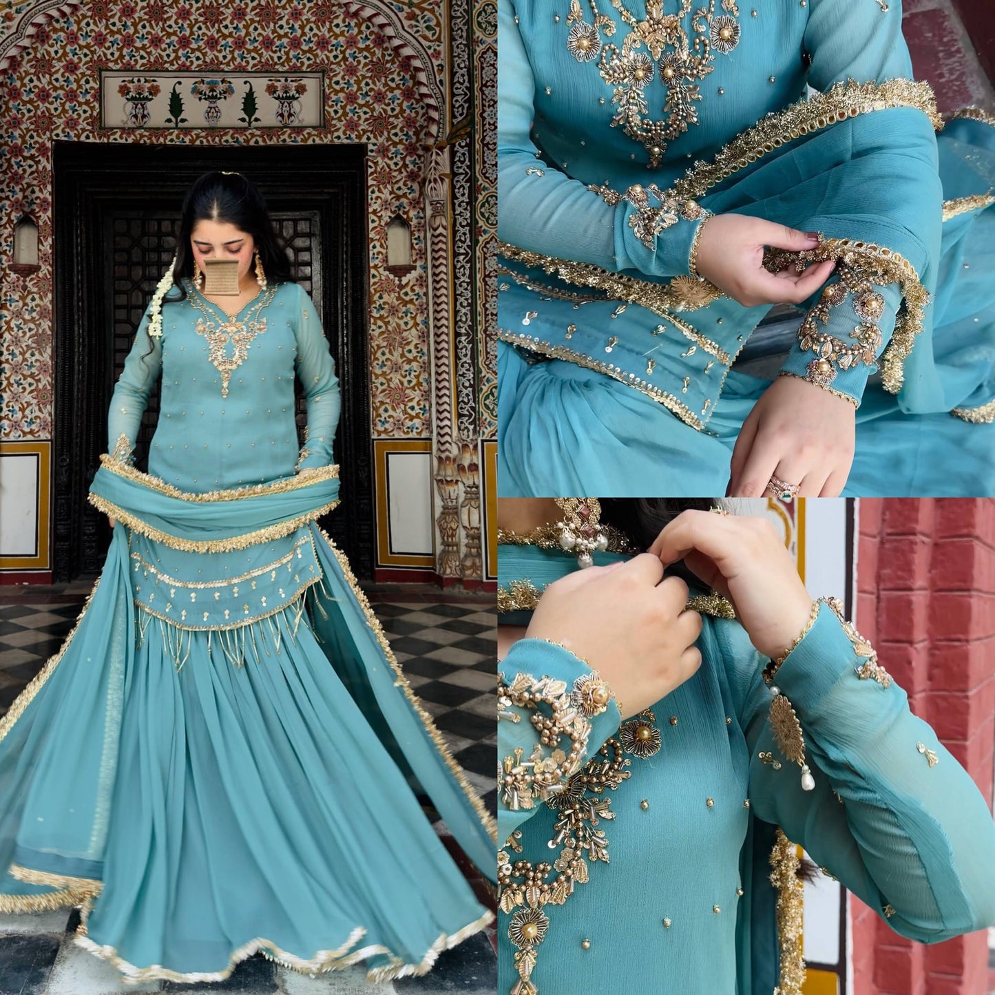 Premium Designer Blue Party Wear Set in Heavy Fox Georgette with Intricate Embroidery and Moti Work