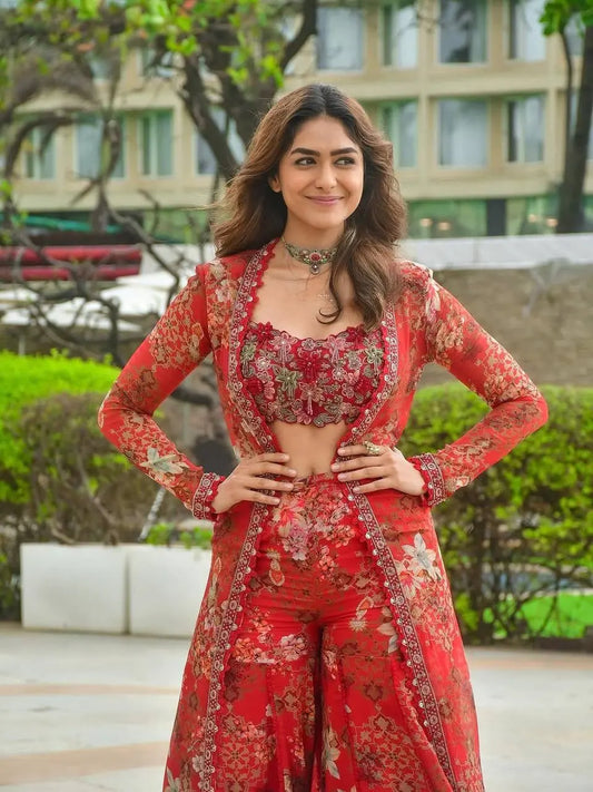 Elegant Heavy Faux Georgette Indo-Western Koti Palazzo & Blouse Set with Beautiful Floral Digital Print and Intricate 5mm Sequin Embroidery Aarohi Clothing