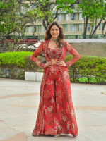 Elegant Heavy Faux Georgette Indo-Western Koti Palazzo & Blouse Set with Beautiful Floral Digital Print and Intricate 5mm Sequin Embroidery