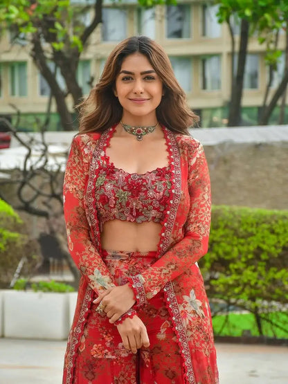 Elegant Heavy Faux Georgette Indo-Western Koti Palazzo & Blouse Set with Beautiful Floral Digital Print and Intricate 5mm Sequin Embroidery Aarohi Clothing