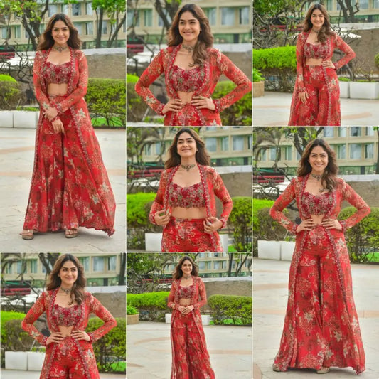 Elegant Heavy Faux Georgette Indo-Western Koti Palazzo & Blouse Set with Beautiful Floral Digital Print and Intricate 5mm Sequin Embroidery Aarohi Clothing