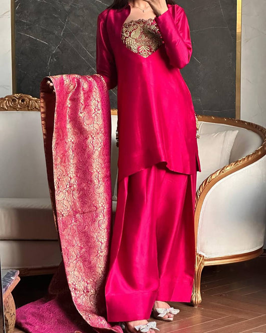 New Designer Satin Silk and Farshi Salwar Set with Embroidery and Jacquard Detailing