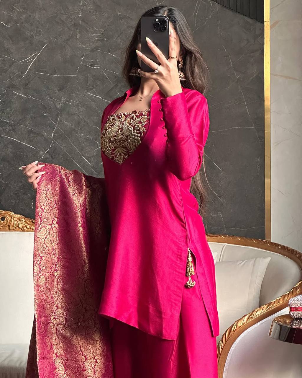 New Designer Satin Silk and Farshi Salwar Set with Embroidery and Jacquard Detailing