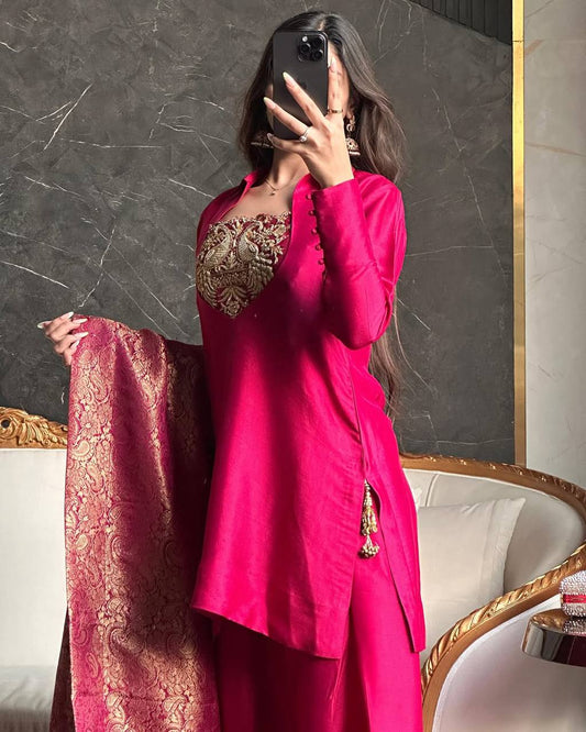 New Designer Satin Silk and Farshi Salwar Set with Embroidery and Jacquard Detailing