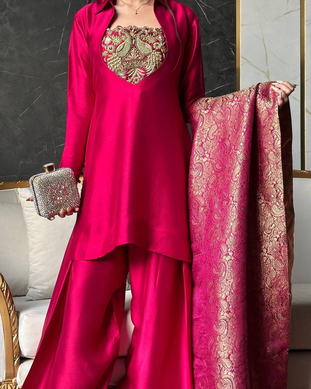 New Designer Satin Silk and Farshi Salwar Set with Embroidery and Jacquard Detailing