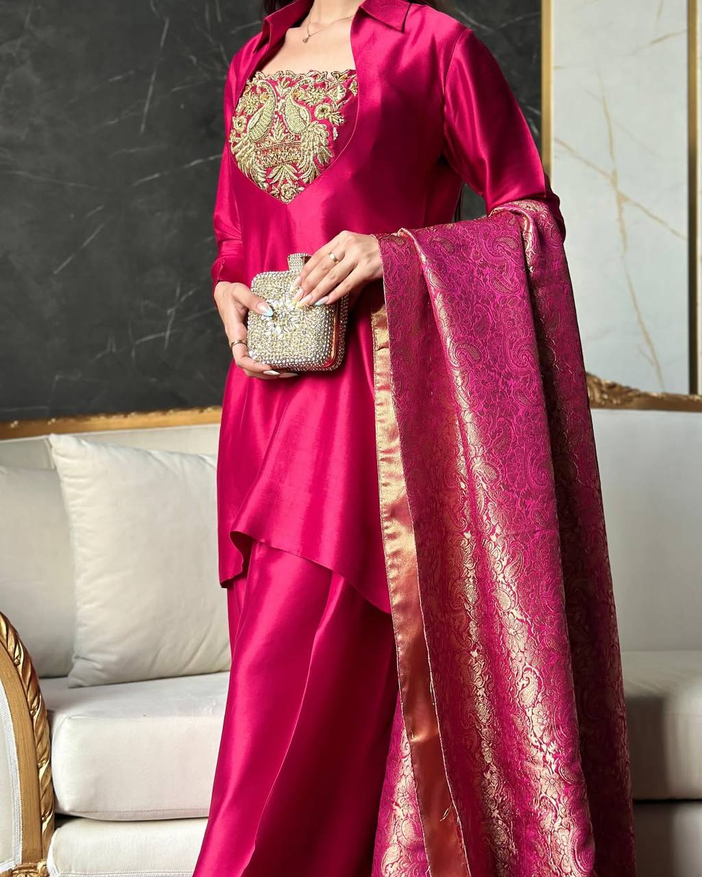 New Designer Satin Silk and Farshi Salwar Set with Embroidery and Jacquard Detailing