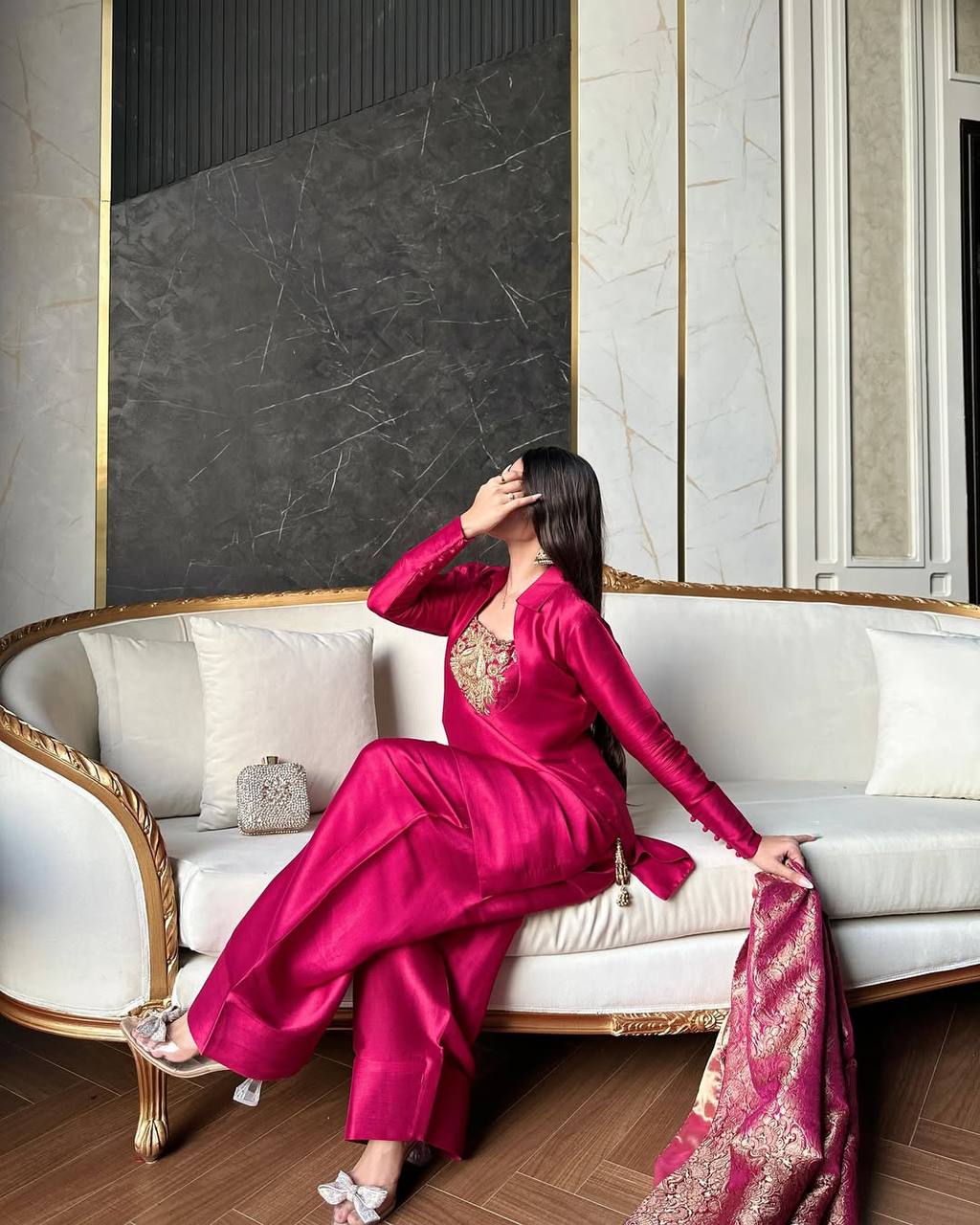 New Designer Satin Silk and Farshi Salwar Set with Embroidery and Jacquard Detailing