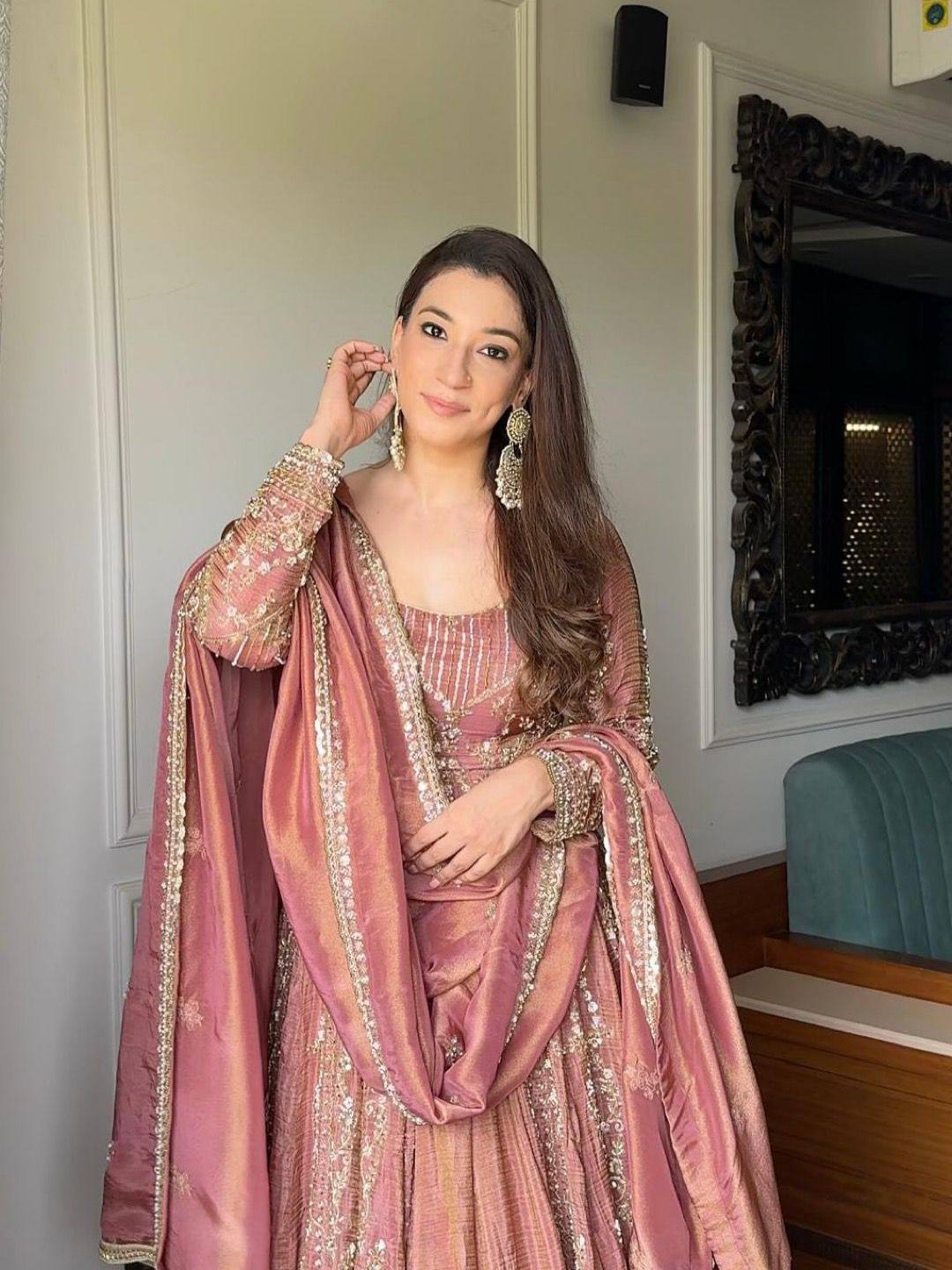 Embroidered Full Sleeve Gown Set with Coordinated Lehenga in Party Wear Style