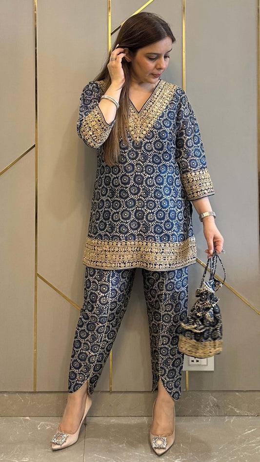 Luxury Digital Printed Co-Ord Dhoti Outfit with Fancy Embroidery and Sequence Design