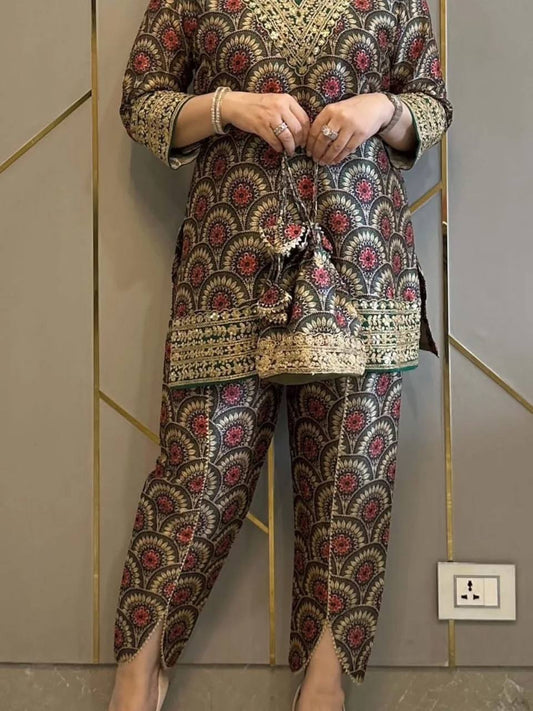 Luxury Digital Printed Co-Ord Dhoti Outfit with Fancy Embroidery and Sequence Design