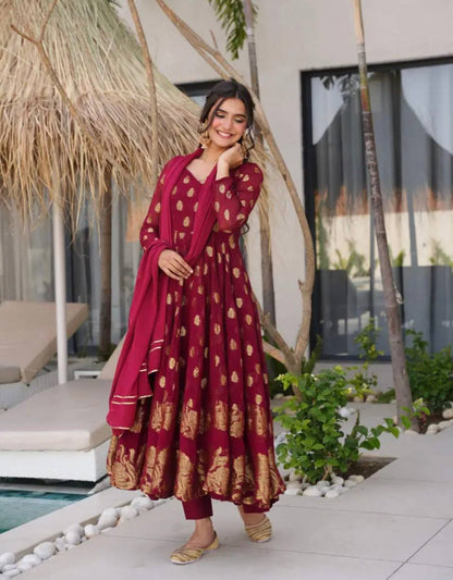 Premium Designer Heavy Faux Georgette Gown & Pant Set with Beautiful Embroidery Work and Graceful Full Sleeves