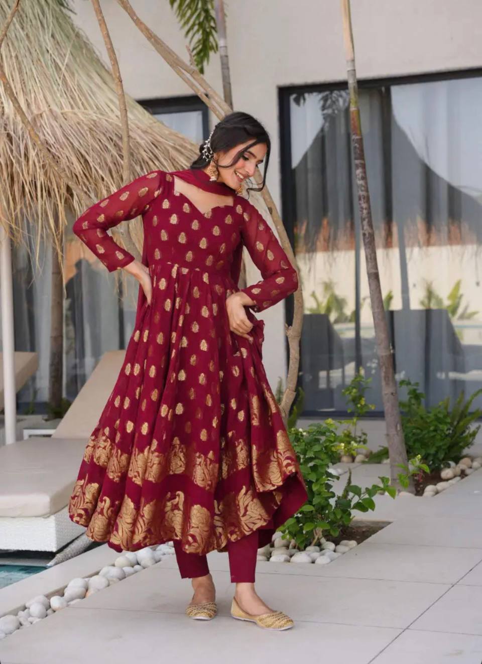 Premium Designer Heavy Faux Georgette Gown & Pant Set with Beautiful Embroidery Work and Graceful Full Sleeves