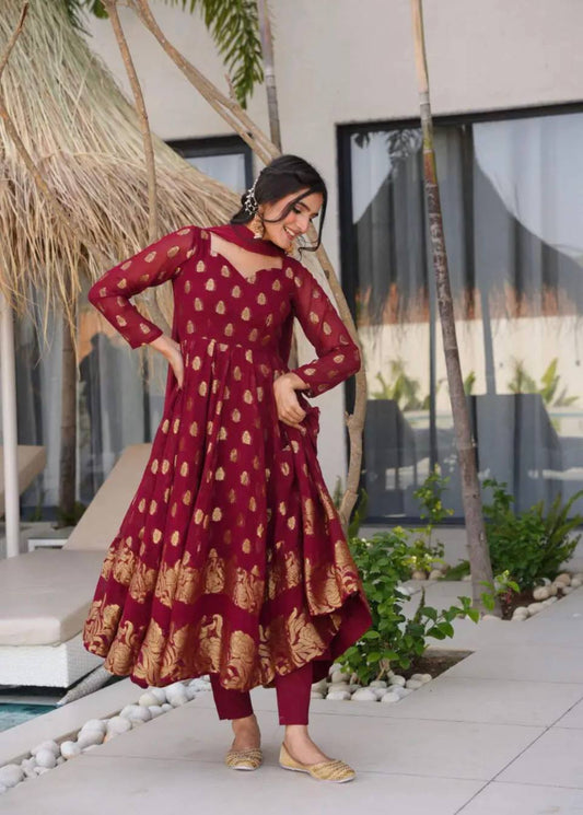 Premium Designer Heavy Faux Georgette Gown & Pant Set with Beautiful Embroidery Work and Graceful Full Sleeves