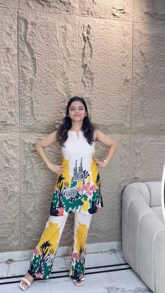 Luxury Designer Cotton Co-Ord Set in Soothing Butter Blue Shade with Digital Print Design
