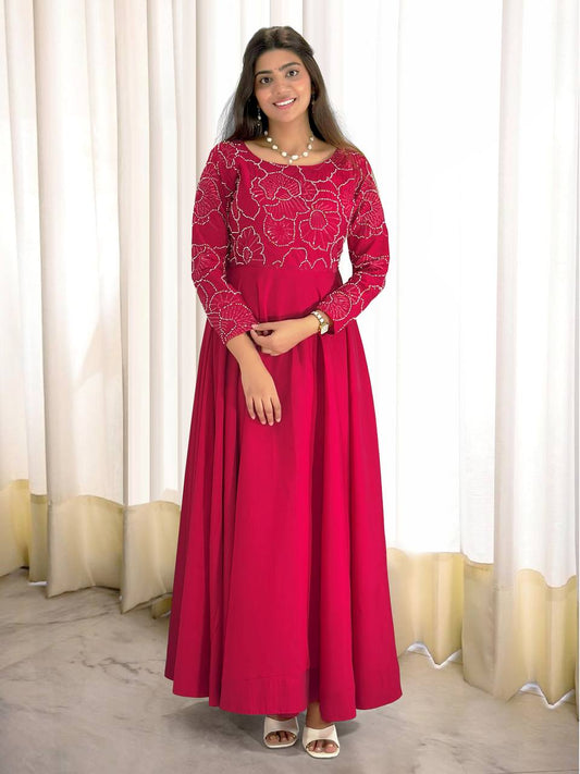 Showroom Finished Designer Gown Crafted in Heavy Roman Silk with Elegant Sleeve Detailing