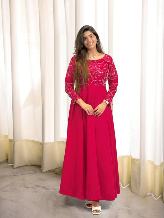 Showroom Finished Designer Gown Crafted in Heavy Roman Silk with Elegant Sleeve Detailing