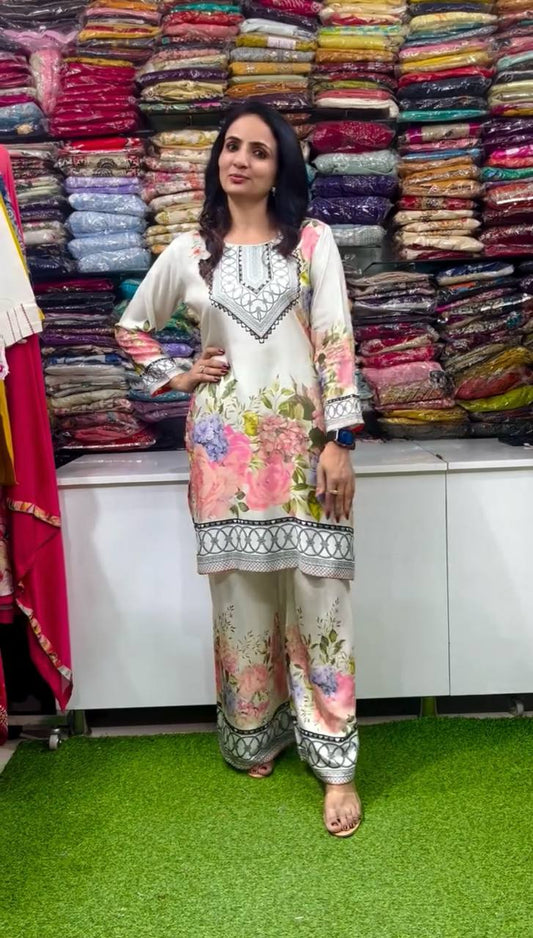 Designer Party Wear Pure Italian Chinon Silk Co-ord Set with Elegant Floral Digital Print