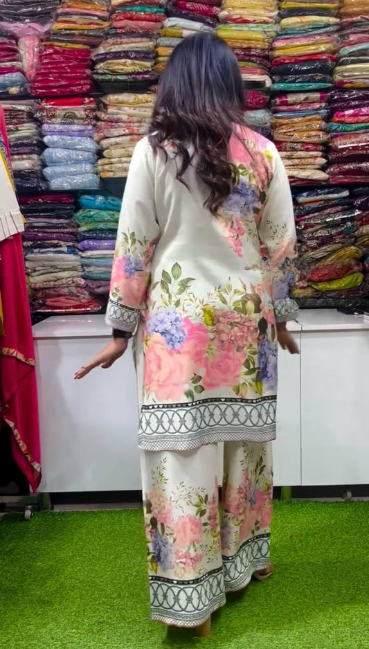 Designer Party Wear Pure Italian Chinon Silk Co-ord Set with Elegant Floral Digital Print