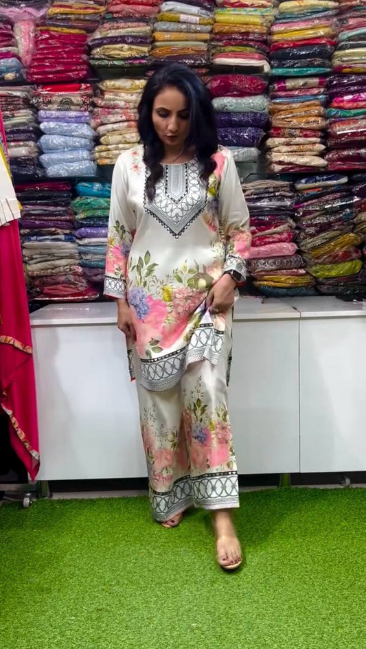 Designer Party Wear Pure Italian Chinon Silk Co-ord Set with Elegant Floral Digital Print