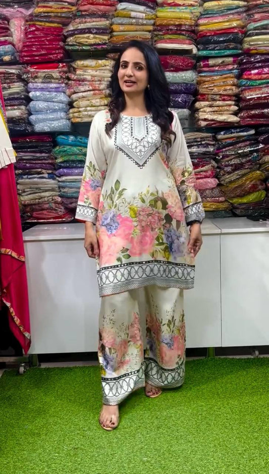 Designer Party Wear Pure Italian Chinon Silk Co-ord Set with Elegant Floral Digital Print