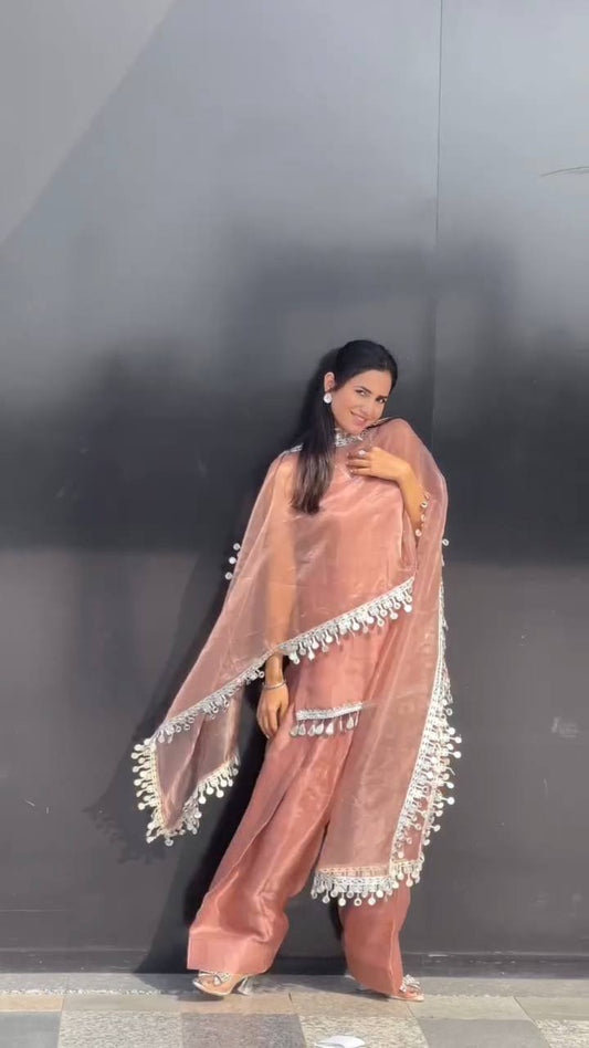 Designer Pink Frendy Silk Set with Stone Hand Embroidery and Real Mirror Lace Border