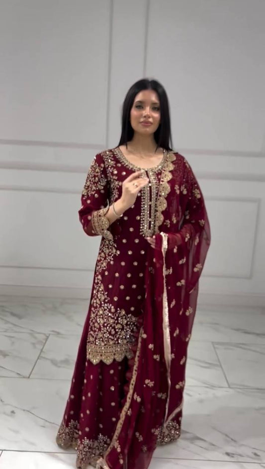 Premium Designer Faux Georgette Top-Plazzo Set with Heavy Embroidery and Cut Work
