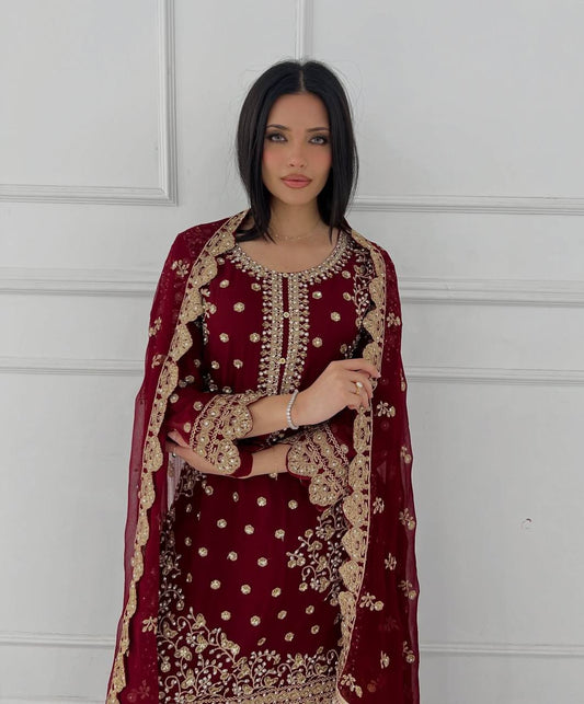 Premium Designer Faux Georgette Top-Plazzo Set with Heavy Embroidery and Cut Work