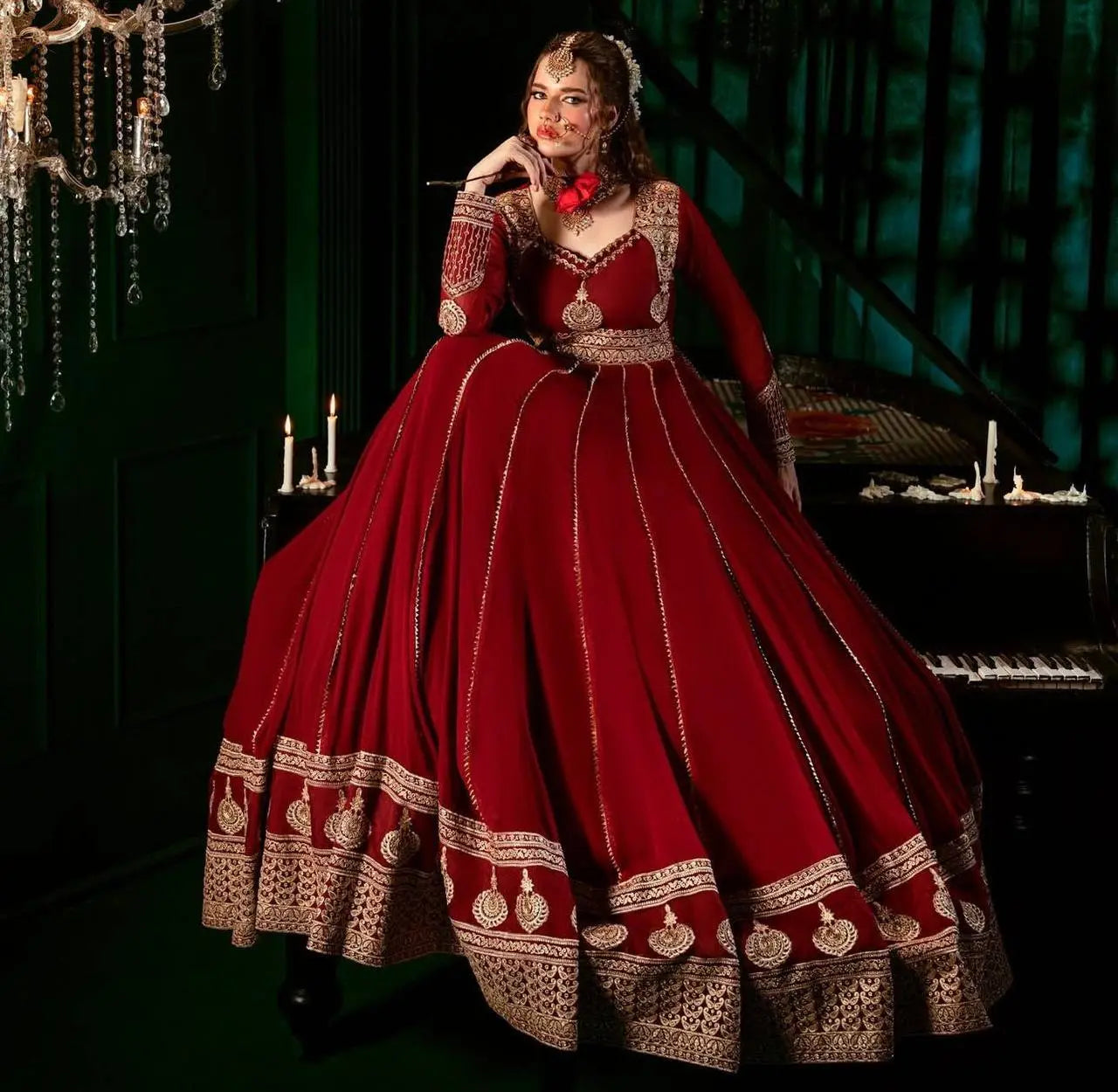 anarkali set in faux georgette with cotton bottom & mirrorwork dupatta rtc