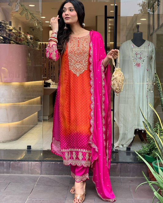 Elegant Party Wear Chinon Silk Top with Embroidered Palazzo and Dupatta
