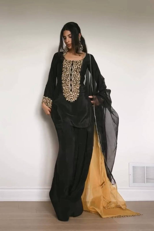 Designer Look Party Wear Outfit with Embroidered Top & Satin Farshi Plazzo
