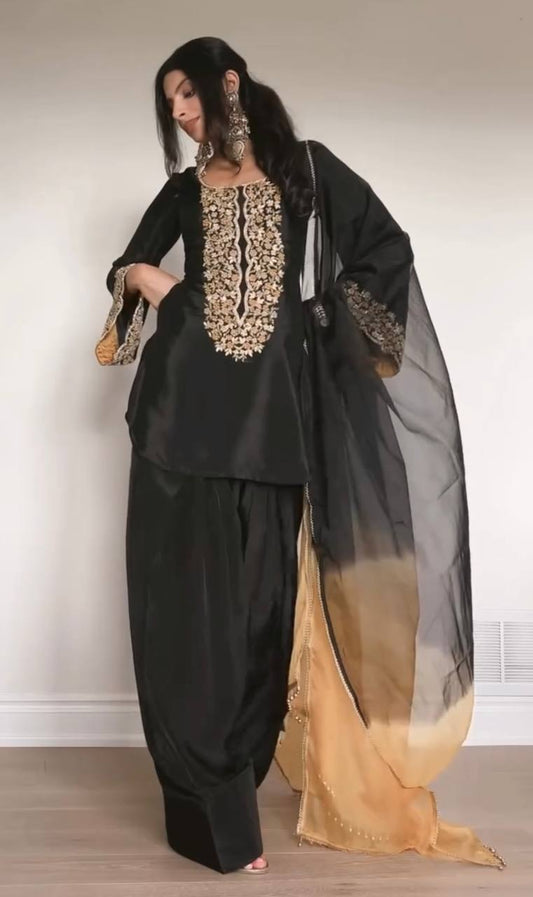 Designer Look Party Wear Outfit with Embroidered Top & Satin Farshi Plazzo