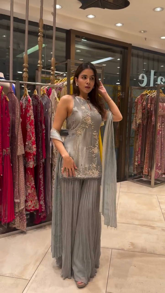 Fully Stitched Party Wear Top-Plazzo and Dupatta Set in Crepe Silk and Georgette