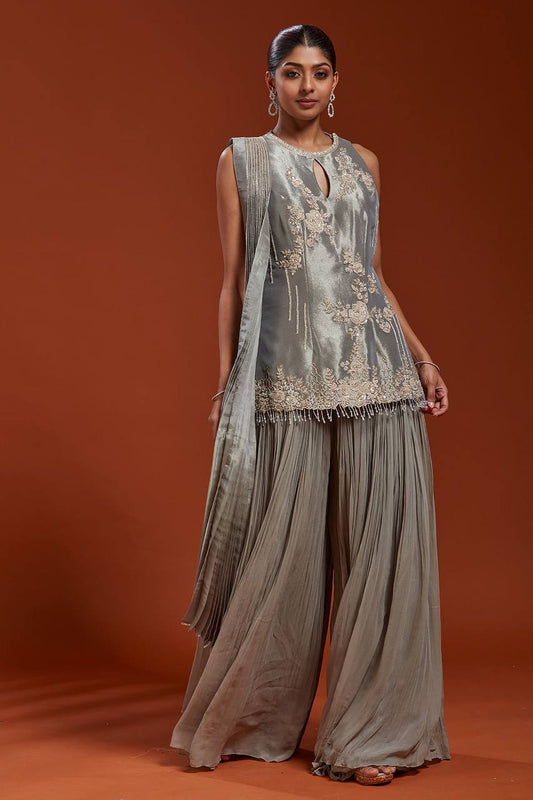Fully Stitched Party Wear Top-Plazzo and Dupatta Set in Crepe Silk and Georgette