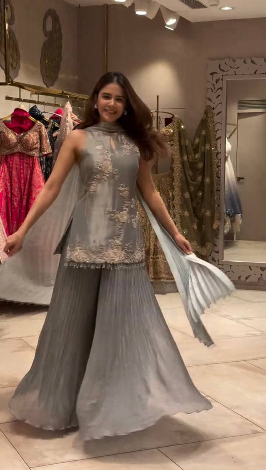 Fully Stitched Party Wear Top-Plazzo and Dupatta Set in Crepe Silk and Georgette