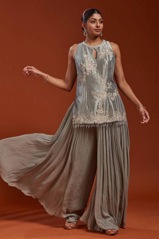 Fully Stitched Party Wear Top-Plazzo and Dupatta Set in Crepe Silk and Georgette